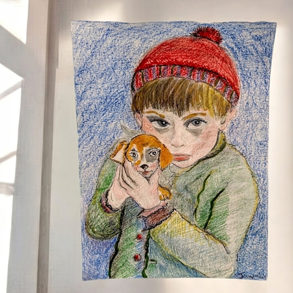 Watercoir Painting Portrait of Boy and Pup. - Picture 2 of 14